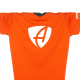 Ausschnitt Vorderansicht eines orangem CB T-Shirts aus Bio-Baumwolle (Organic Bio T-Shirt) mit weissem Ammersee Design der Modemarke AMMERSEE BAVARIA aus Bayern, Deutschland