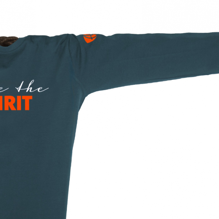 Ausschnitt Vorderansicht eines petrolfarbenen ST Longsleeve T-Shirts aus Bio-Baumwolle (Organic Bio T-Shirt) mit grau-orangem Ammersee Design der Modemarke AMMERSEE BAVARIA aus Bayern, Deutschland