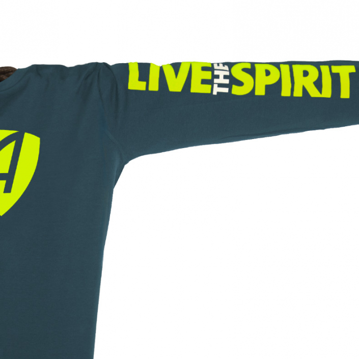Ausschnitt Vorderansicht eines petrolfarbenen SB Longsleeve T-Shirts aus Bio-Baumwolle (Organic Bio T-Shirt) mit grau-gelbem Ammersee Design der Modemarke AMMERSEE BAVARIA aus Bayern, Deutschland