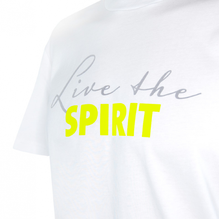 Ausschnitt Vorderansicht eines weissen ST T-Shirts aus Bio-Baumwolle (Organic Bio T-Shirt) mit grau-lime-gelbem Ammersee Design der Modemarke AMMERSEE BAVARIA aus Bayern, Deutschland