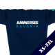 Vorderansicht eines dunkelblauen CT T-Shirts aus Bio-Baumwolle (Organic Bio T-Shirt) mit weiss-türkisem Ammersee Design der Modemarke AMMERSEE BAVARIA aus Bayern, Deutschland