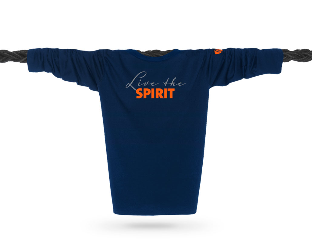 Vorderansicht eines dunkelblauen ST Longsleeve T-Shirts aus Bio-Baumwolle (Organic Bio T-Shirt) mit grau-orangem Ammersee Design der Modemarke AMMERSEE BAVARIA aus Bayern, Deutschland