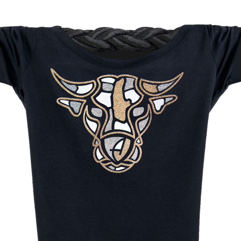 Damen Glitzer-Tshirt tailliert Kurzarmshirt Biobaumwolle Bull | Black Goldstar
