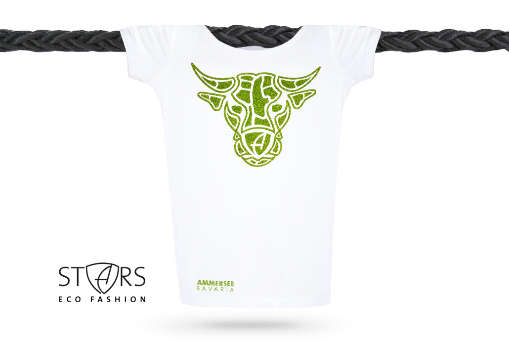 Damen Glitzer-Tshirt tailliert Kurzarmshirt Biobaumwolle Bull | White Greenstar