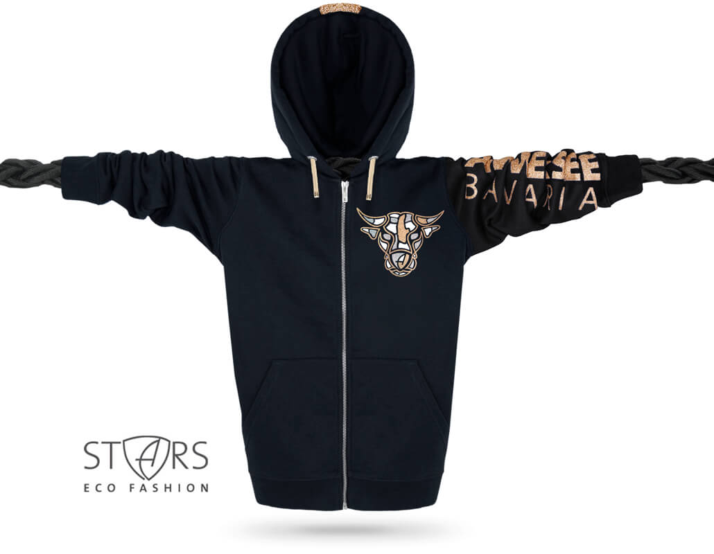 Ammersee Stier Glitzer-Kapuzenjacke Schwarz Glitzer-Kapuzenjacke Unisex Hoodie 100% Biobaumwolle Bull | Black Goldstar