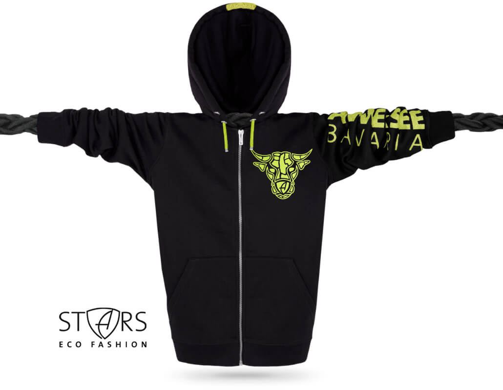 Ammersee Stier Glitzer-Kapuzenjacke Schwarz Glitzer-Kapuzenjacke Unisex Hoodie 100% Biobaumwolle Bull | Black Limestar