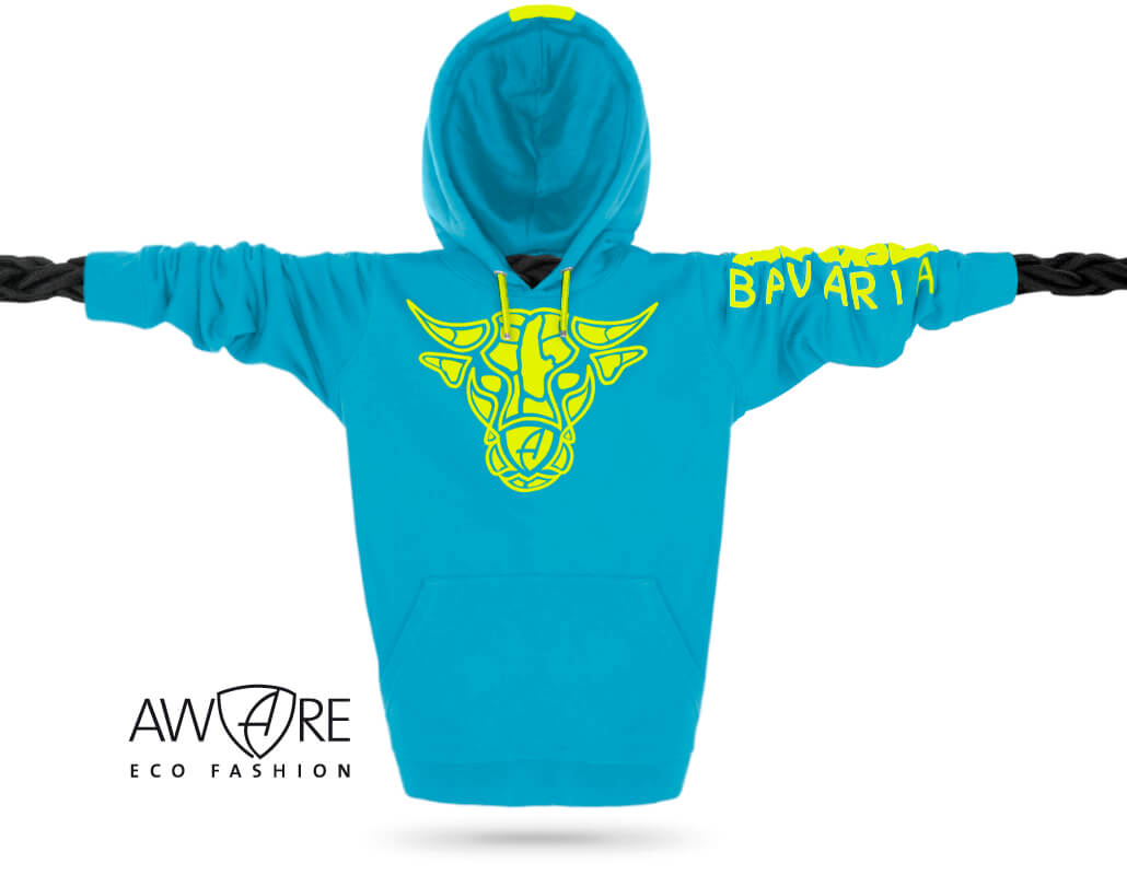 Ammersee Kapuzenpullover Aqua-Blue Ammersee Stier Kapuzenpullover Hoodie 100% Biobaumwolle Bull One | Aqua Lime