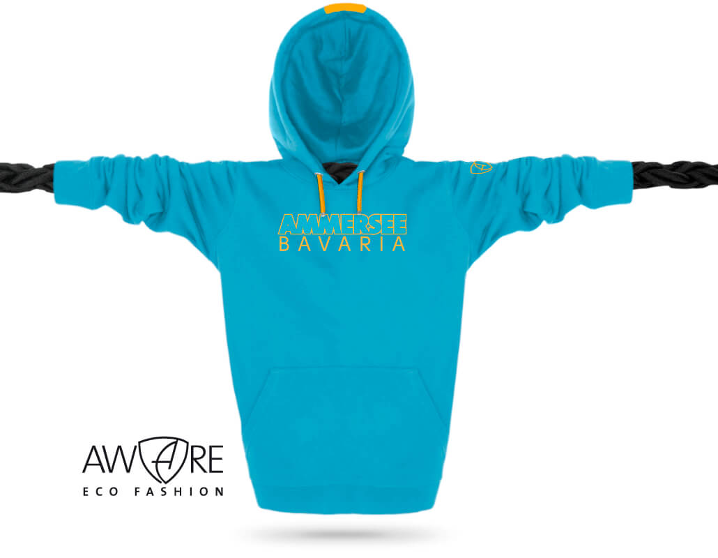 Ammersee Kapuzenpullover Aqua-Blue Ammersee Kapuzenpullover Hoodie 100% Biobaumwolle CTo | Aqua Mandarin