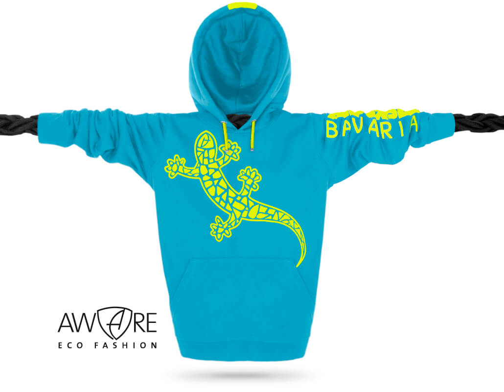 Ammersee Kapuzenpullover Aqua-Blue Ammersee Echsen Kapuzenpullover Hoodie 100% Biobaumwolle Gecko One | Aqua Lime