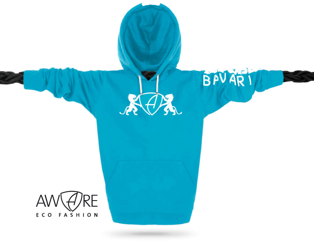 Ammersee Kapuzenpullover Aqua-Blue Ammersee Löwen Kapuzenpullover Hoodie 100% Biobaumwolle Lion | Aqua White