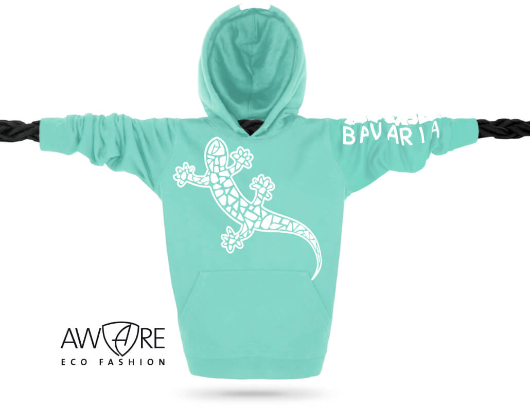 Ammersee Kinder Kapuzenpullover Mint-Green Kinder Echsen-Kapuzenpullover Unisex 100% Biobaumwolle Gecko One | Mint White