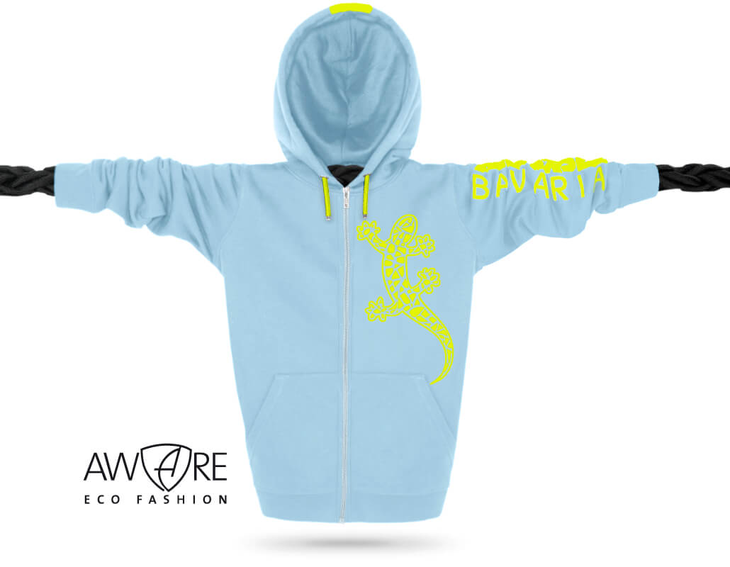 Ammersee Kapuzenjacke Sky-Blue Ammersee Echsen-Kapuzenjacke Unisex 100% Biobaumwolle Gecko One | Sky Lime
