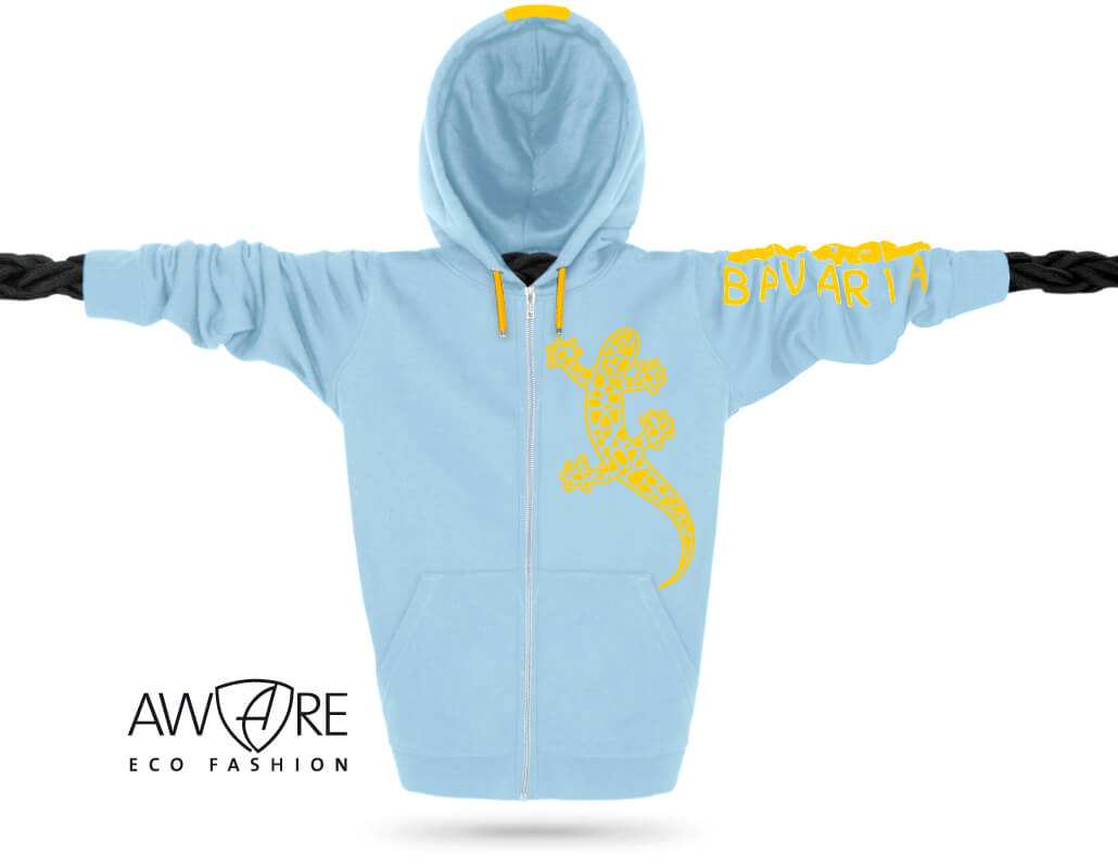Ammersee Kapuzenjacke Sky-Blue Ammersee Echsen-Kapuzenjacke Unisex 100% Biobaumwolle Gecko One | Sky Mandarin