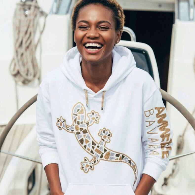 Echsen Glitzer-Kapuzenpullover Hoodie 100% Biobaumwolle Gecko | White Goldstar