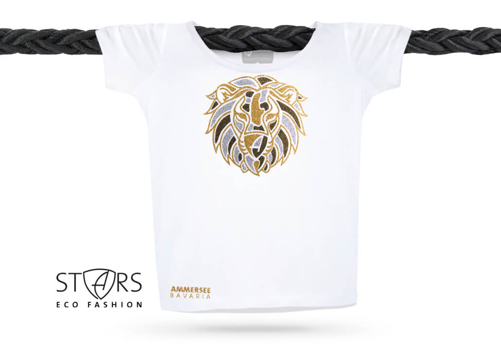 Damen Löwen Glitzer-TShirt U-Ausschnitt Bio-Kurzarmshirt Lion | White Goldstar