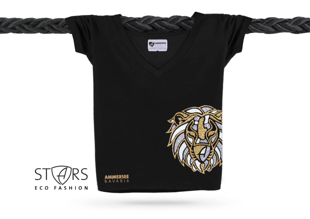 Damen Löwen Glitzer-TShirt V-Ausschnitt Bio-Kurzarmshirt Lion | Black Goldstar