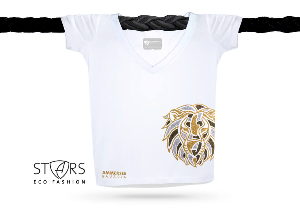 Damen Löwen Glitzer-TShirt V-Ausschnitt Bio-Kurzarmshirt Lion | White Goldstar