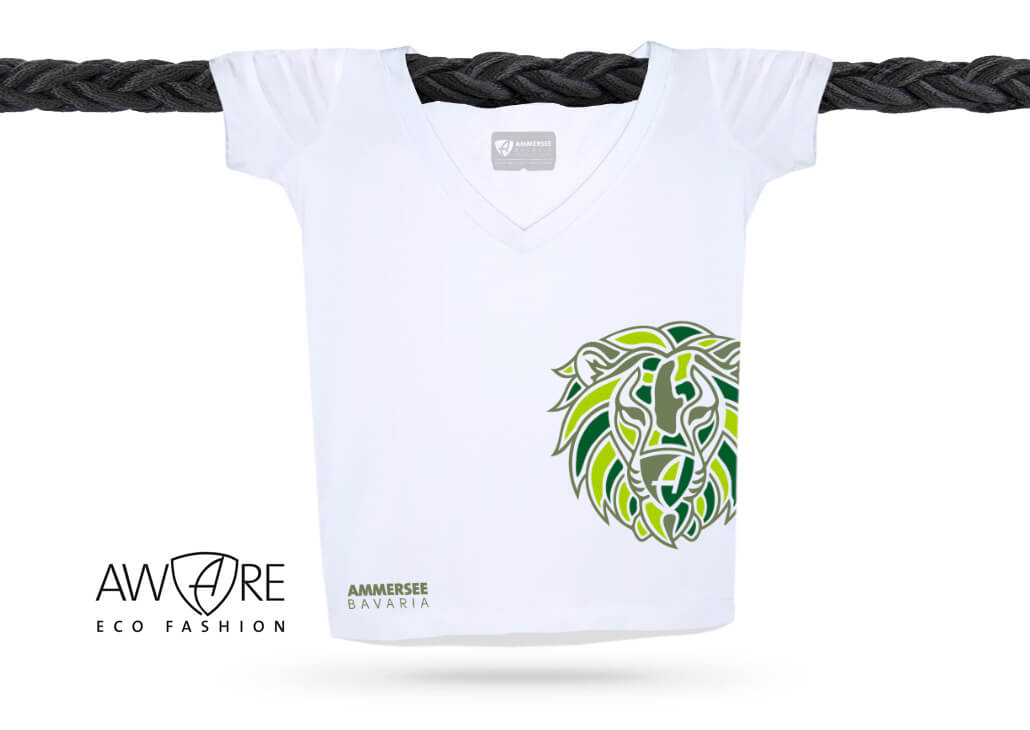 Damen Löwen T-Shirt V-Ausschnitt Bio-Kurzarmshirt Lion | White Jungle