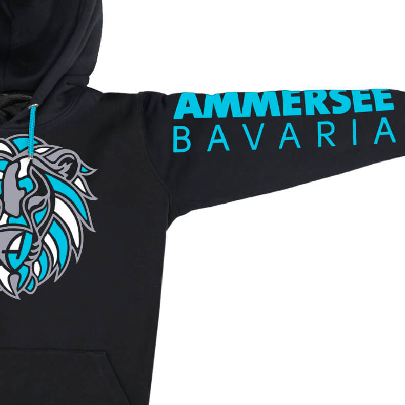 Ammersee Löwen Kapuzenpullover Hoodie 100% Biobaumwolle Lion | Black Aqua