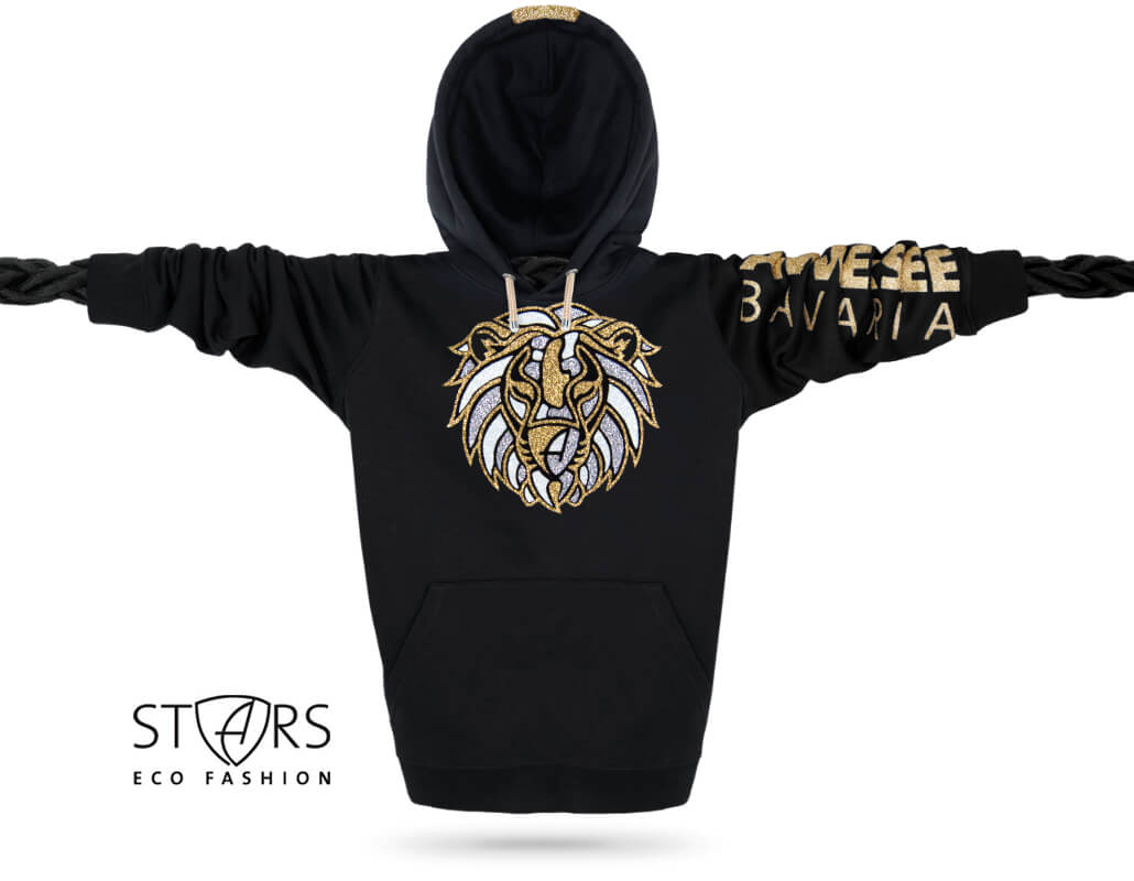 Löwen Glitzer-Kapuzenpullover Hoodie 100% Biobaumwolle Lion | Black Goldstar