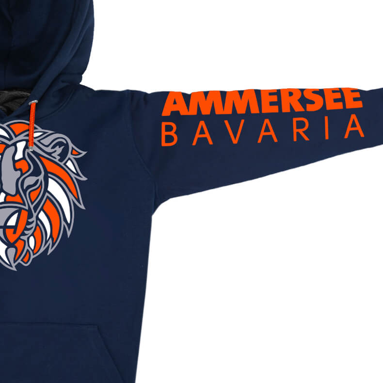 Ammersee Löwen Kapuzenpullover Hoodie 100% Biobaumwolle Lion | Navy Orange