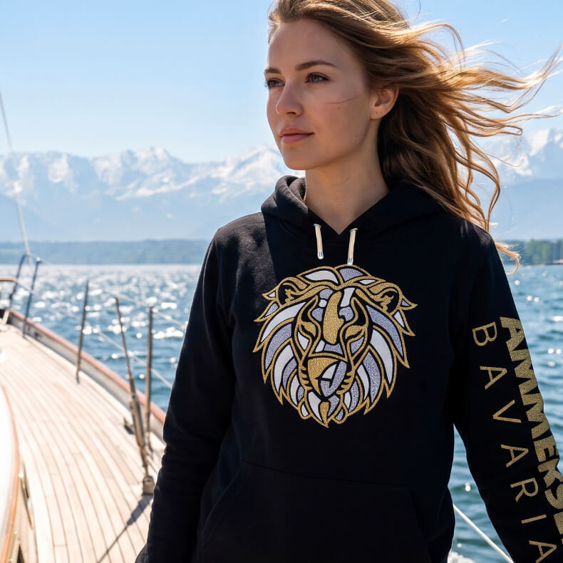 Löwen Glitzer-Kapuzenpullover Hoodie 100% Biobaumwolle Lion | Black Goldstar