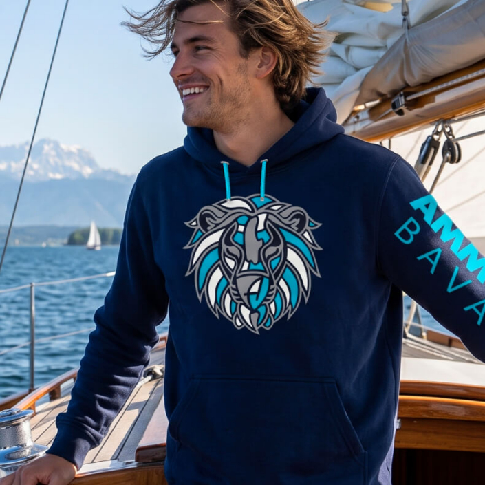 Ammersee Löwen Kapuzenpullover Hoodie 100% Biobaumwolle Lion | Navy Aqua