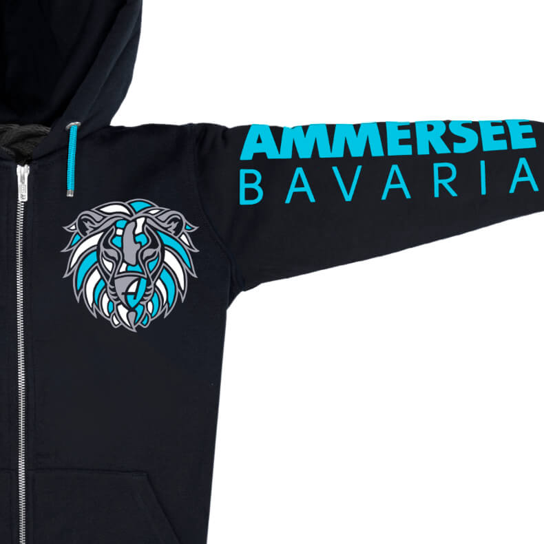 Ammersee Löwen Kapuzenjacke Unisex 100% Biobaumwolle Lion | Black Aqua