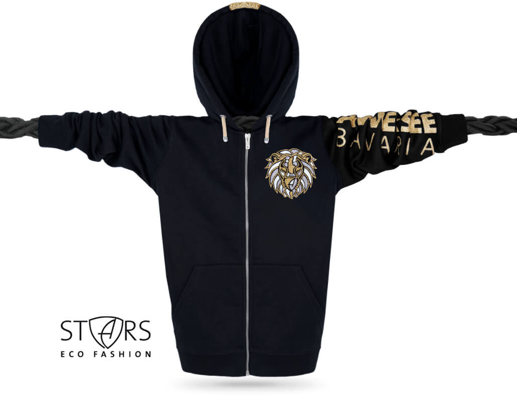Löwen Glitzer-Kapuzenjacke Unisex 100% Biobaumwolle Lion | Black Goldstar