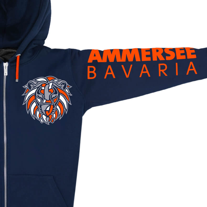 Ammersee Löwen Kapuzenjacke Unisex 100% Biobaumwolle Lion | Navy Orange